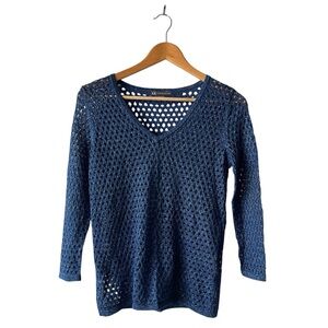 Armani Exchange Metallic Thread Blue Open Knit V-Neck Top Small